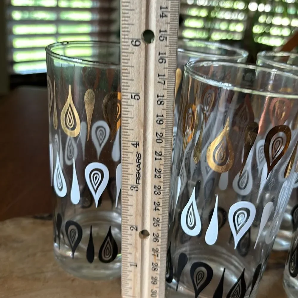 Set of 5 MCM Gold White & Black Teardrop High Ball Cocktail Glasses